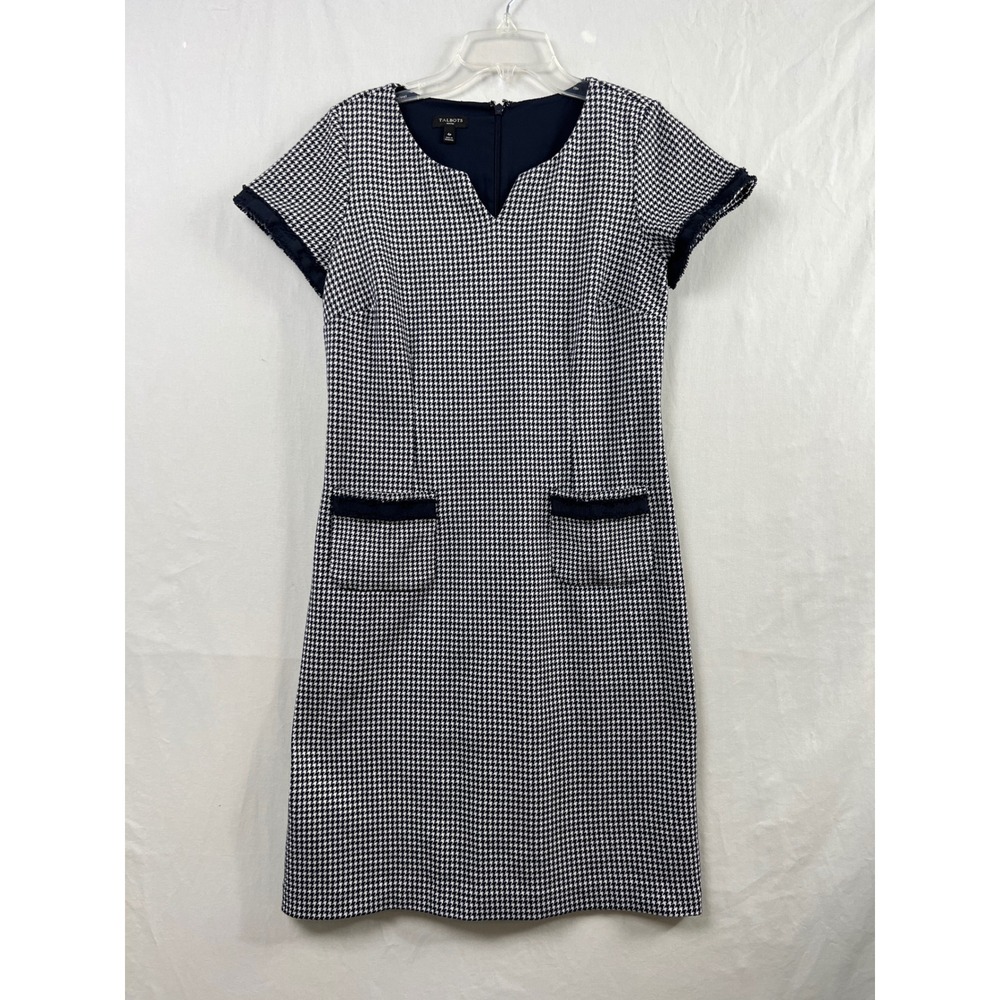 Talbots Sheath Dress Womens 4P Navy Blue Houndstooth Short Sleeve Fringe Classic